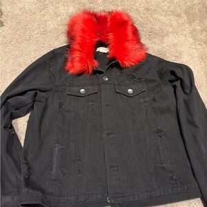 Ci Sono Black Jacket with Vibrant Red Fur Collar